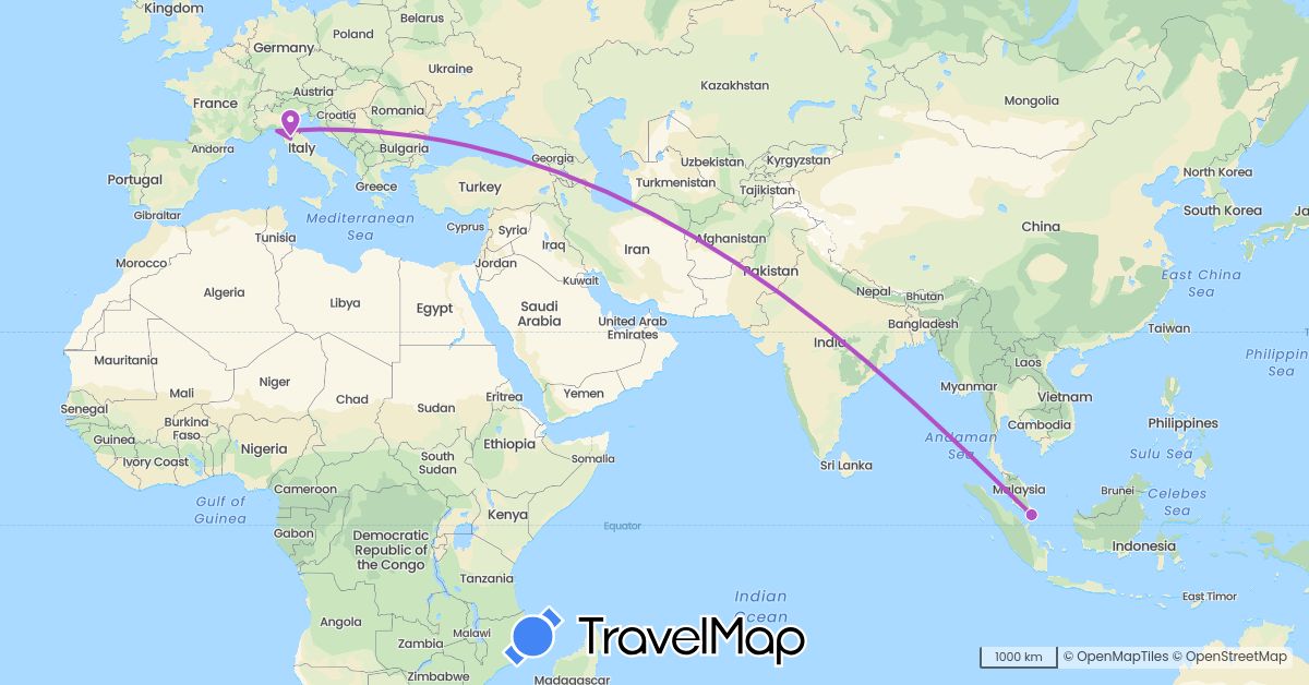 TravelMap itinerary: driving, train in Italy, Singapore (Asia, Europe)